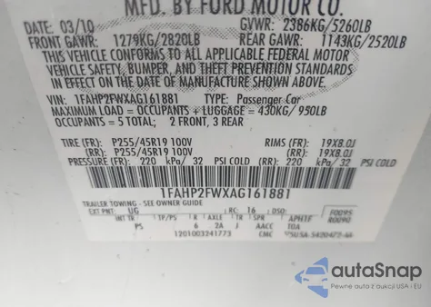 2010 Ford Taurus Limited из США, поврежденный, VIN 1FAHP2FWXAG161881